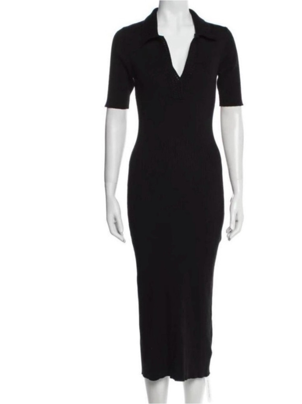Caroline Constas Black Collared V‑Neck Knit Midi Dress